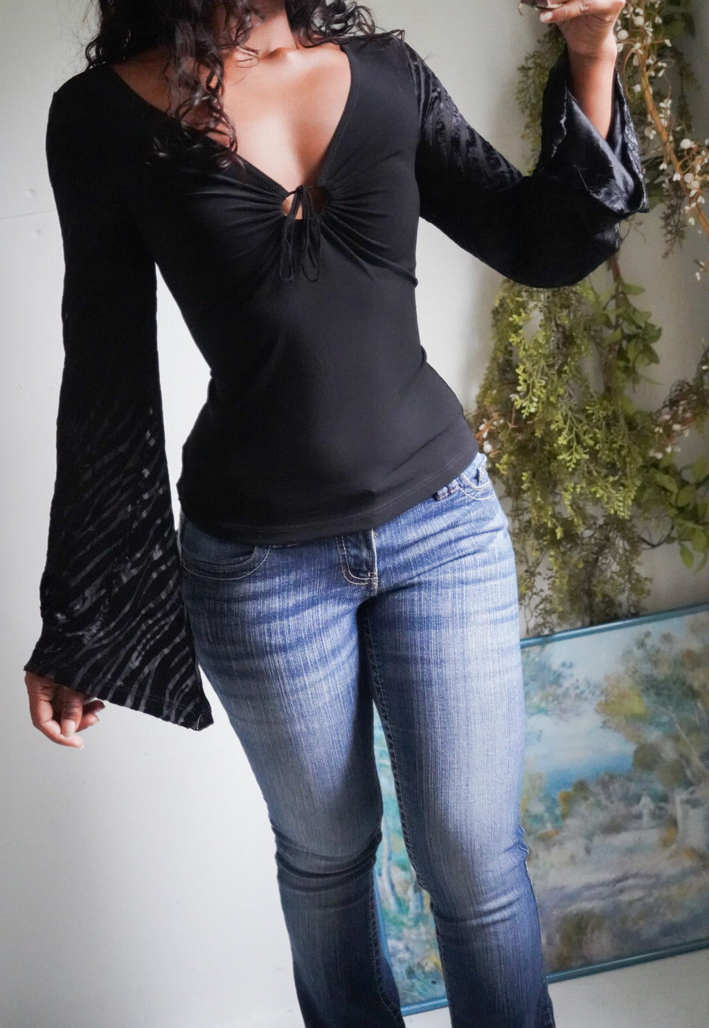 Y2K Black Flare Sleeve Keyhole Neckline Top