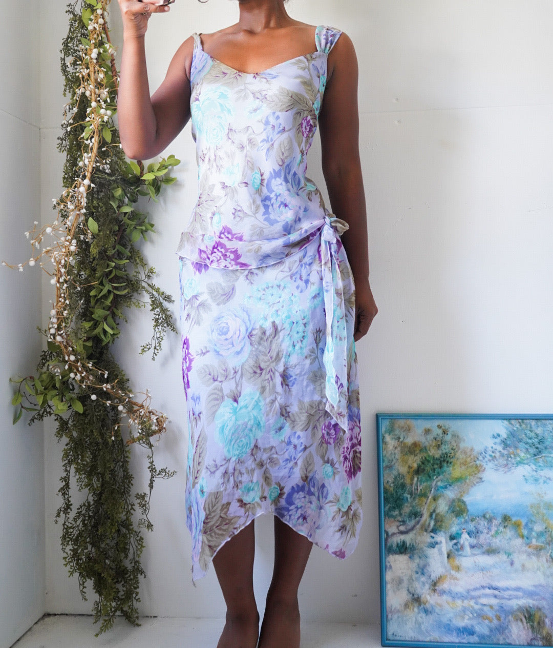 Y2K Romantic Lavender Floral Midi Dress