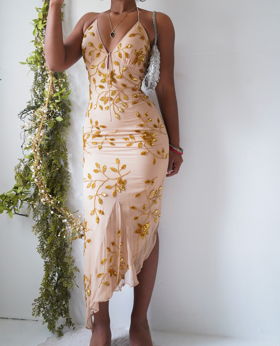 Vintage Y2K Tan and Gold Silk Floral Beaded Halter Dress