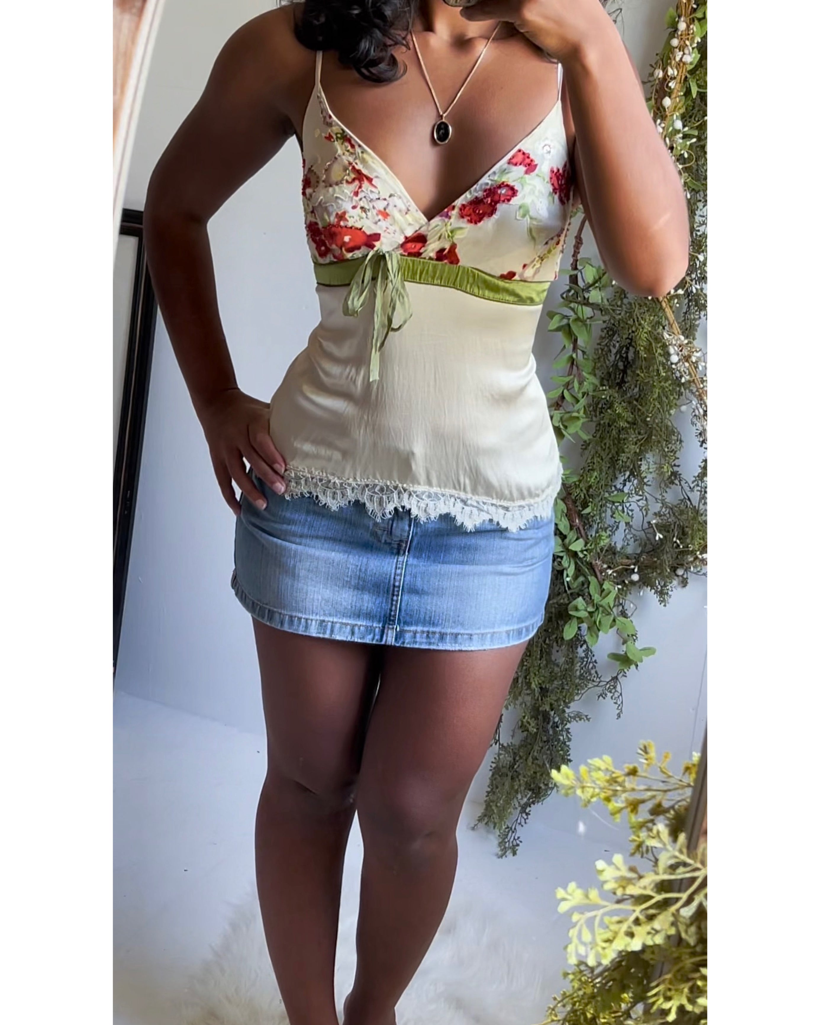 Silk and Knit Ivory Lace Trim Cami