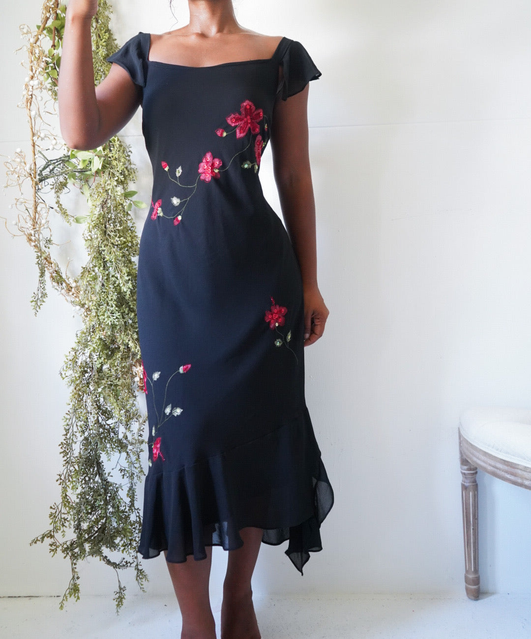 Y2K Flutter Sleeve Rose Embroidered Dress