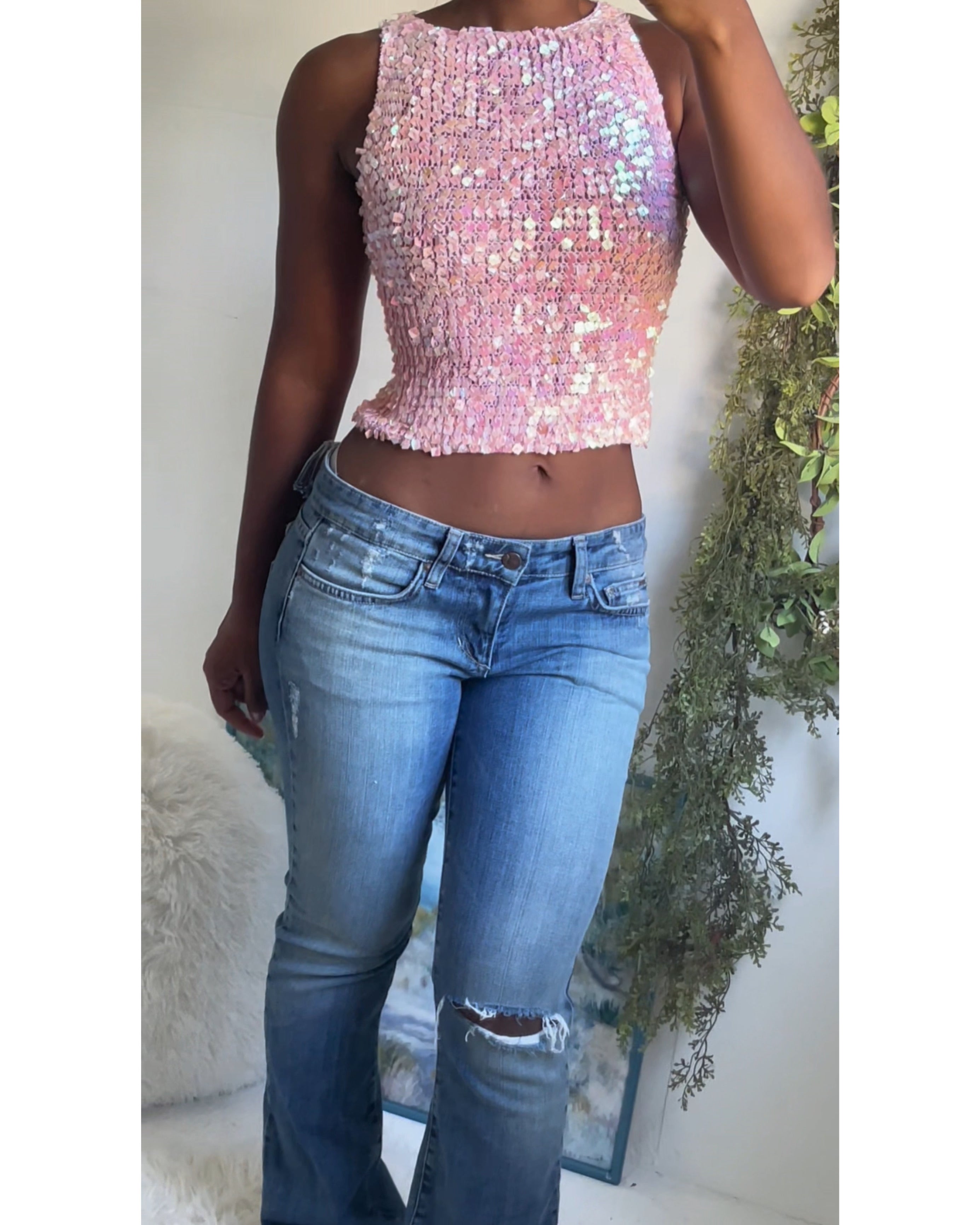 Baby Pink Y2K Sequin Crochet Crop Top