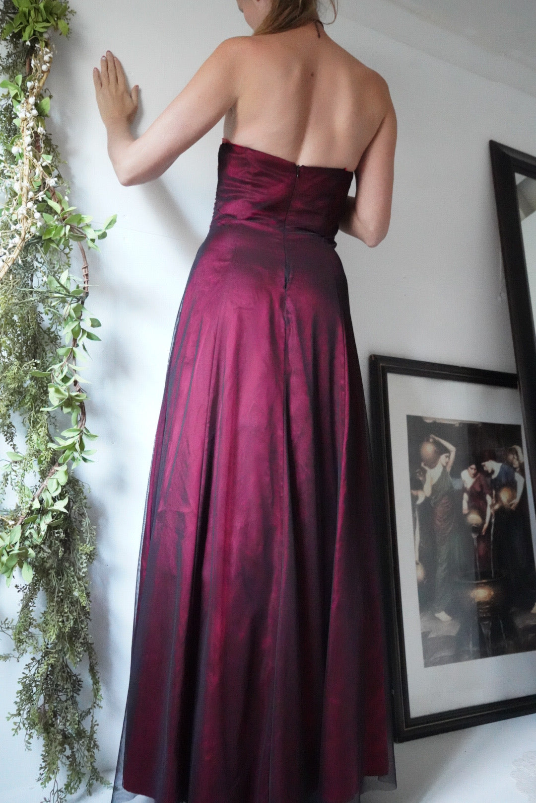 Vintage Black and Red Layered Strapless Gown