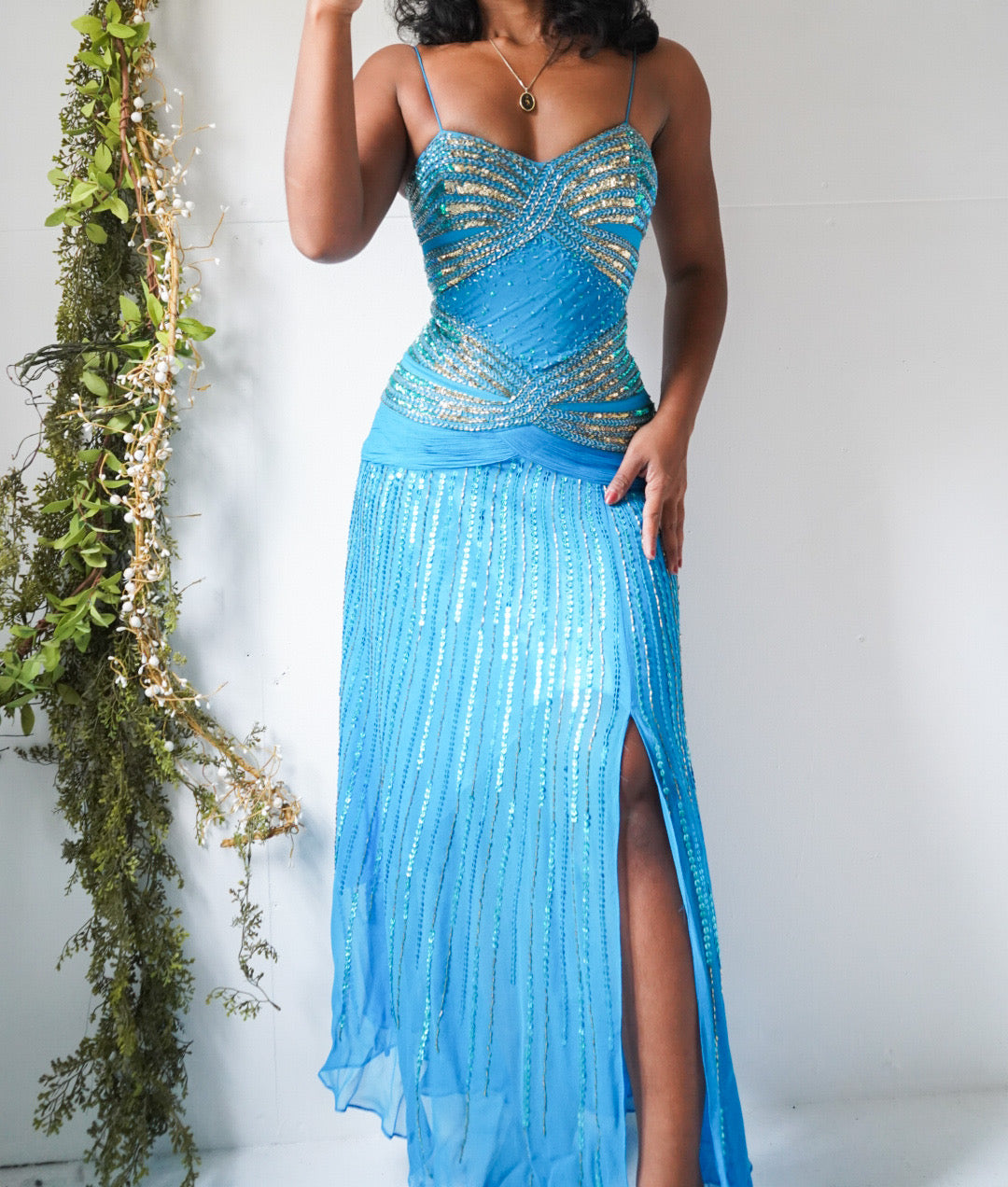 Blue Beaded Silk Jasmine Gown