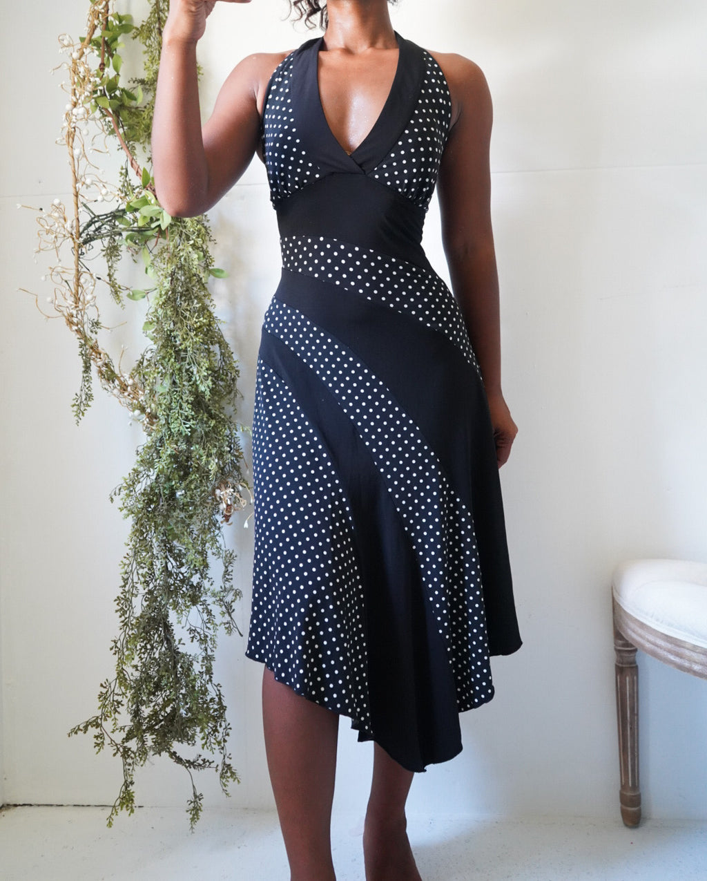 Y2K Monochrome Polka Dot Halter Dress