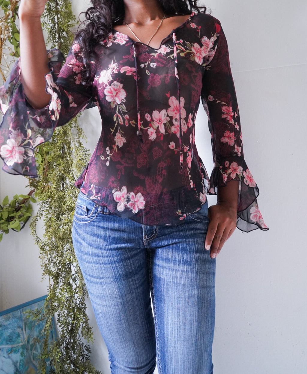 Y2K Ruffle Sleeve Black Floral Peasant Top