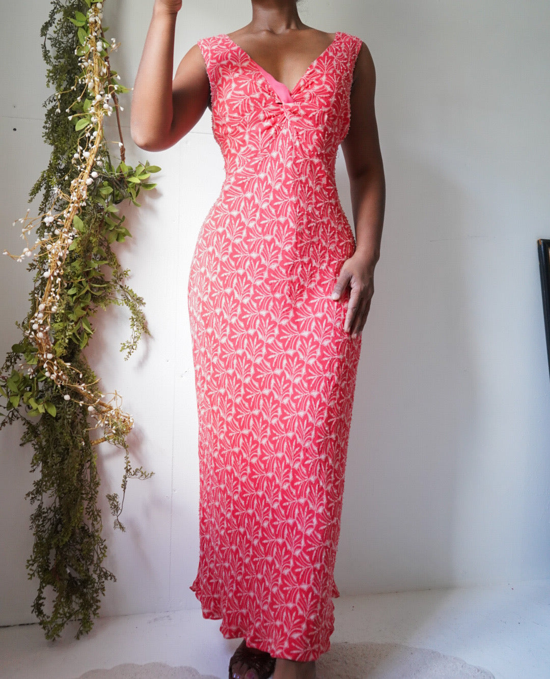 Y2K Coral and White Beaded Silk Dress