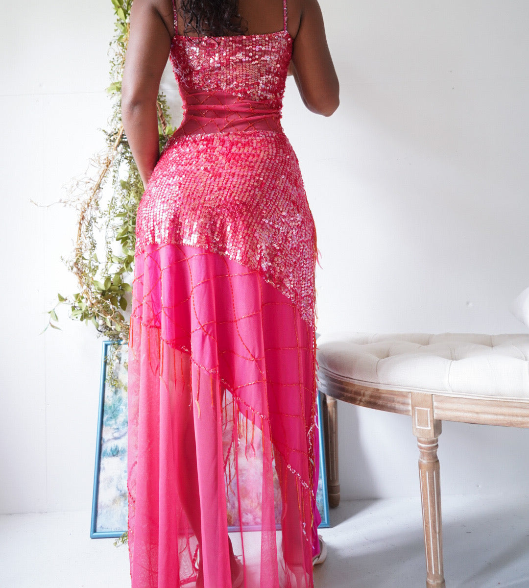 Y2K Sequin Mesh Deep Coral Pink Asymmetric Hem Dress
