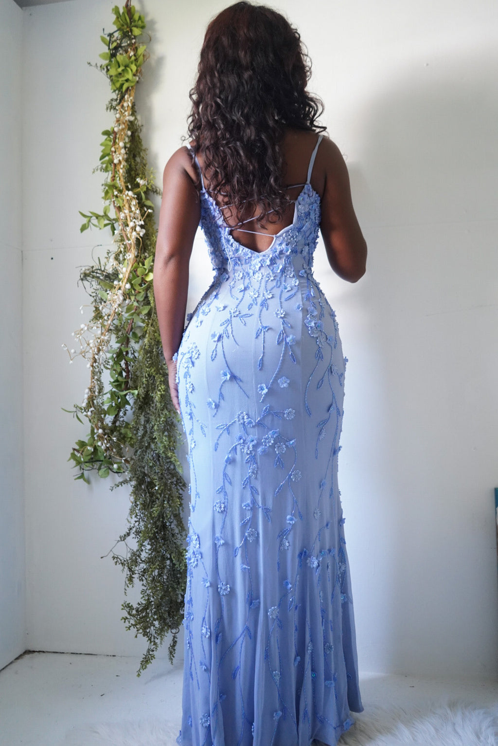 Y2K Beaded and Floral Embellished Periwinkle Silk Gown