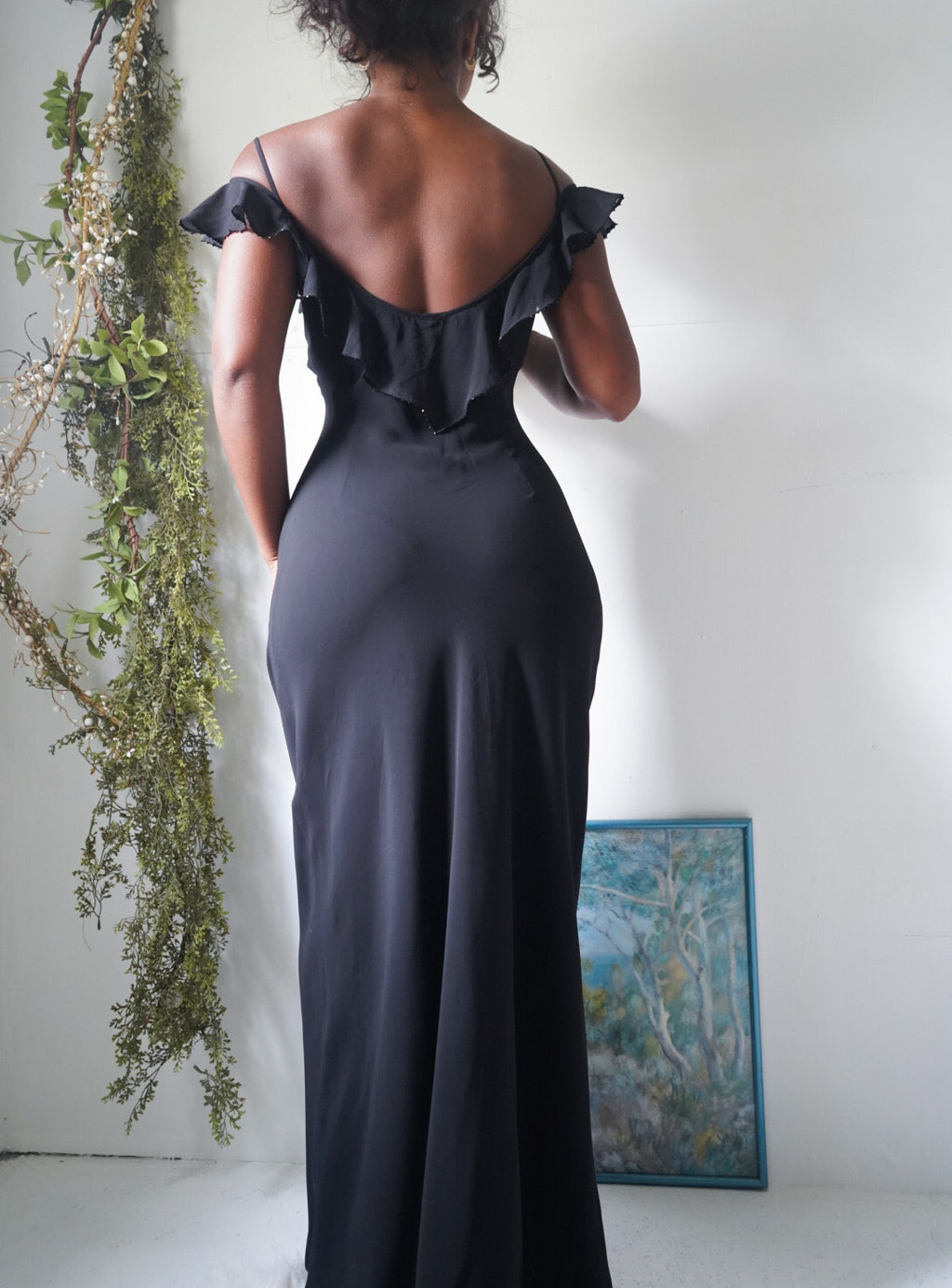 Y2K Black Ruffle Detail Cold Shoulder Gown
