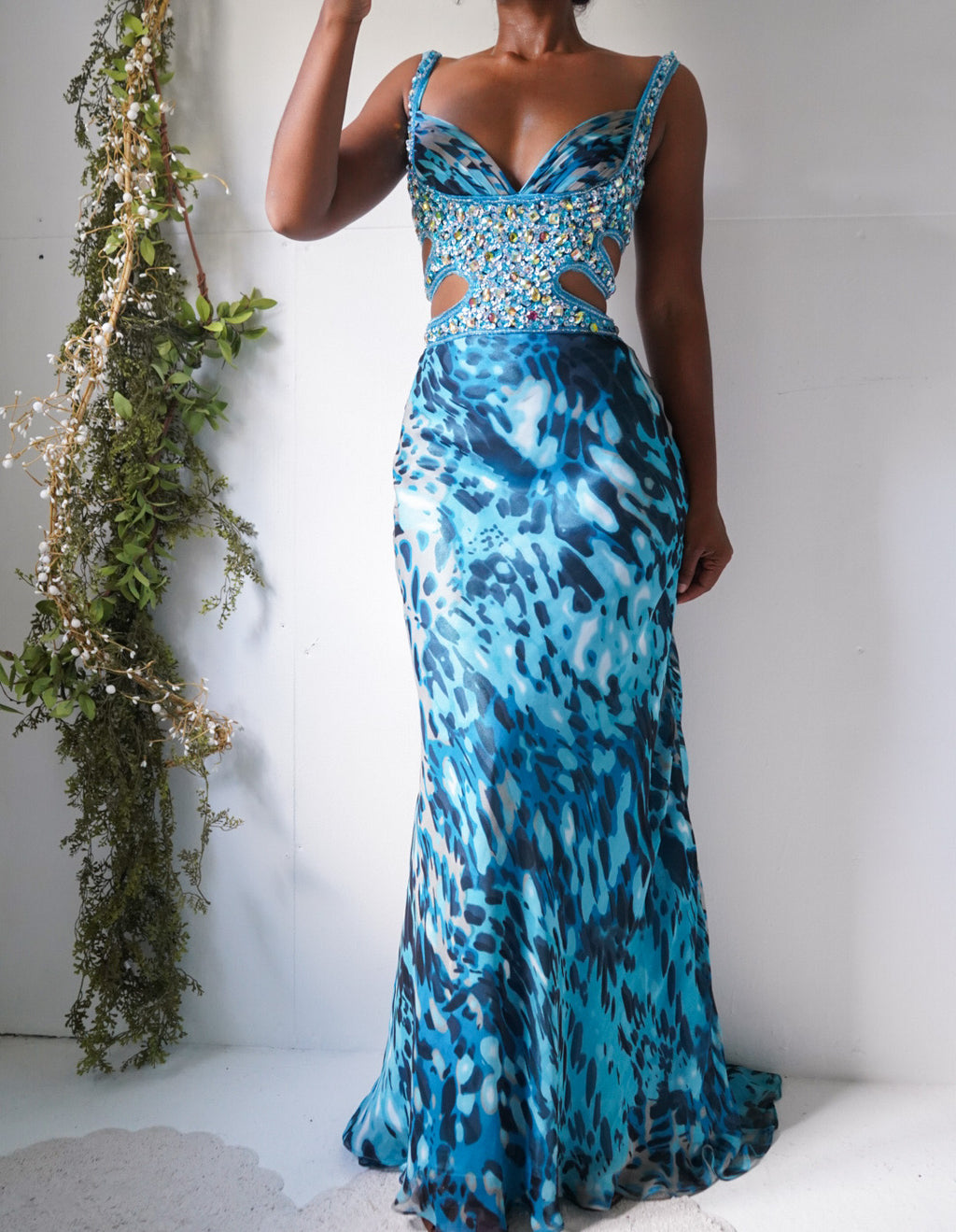 Abstract Animal Print Lace Up Back Gown
