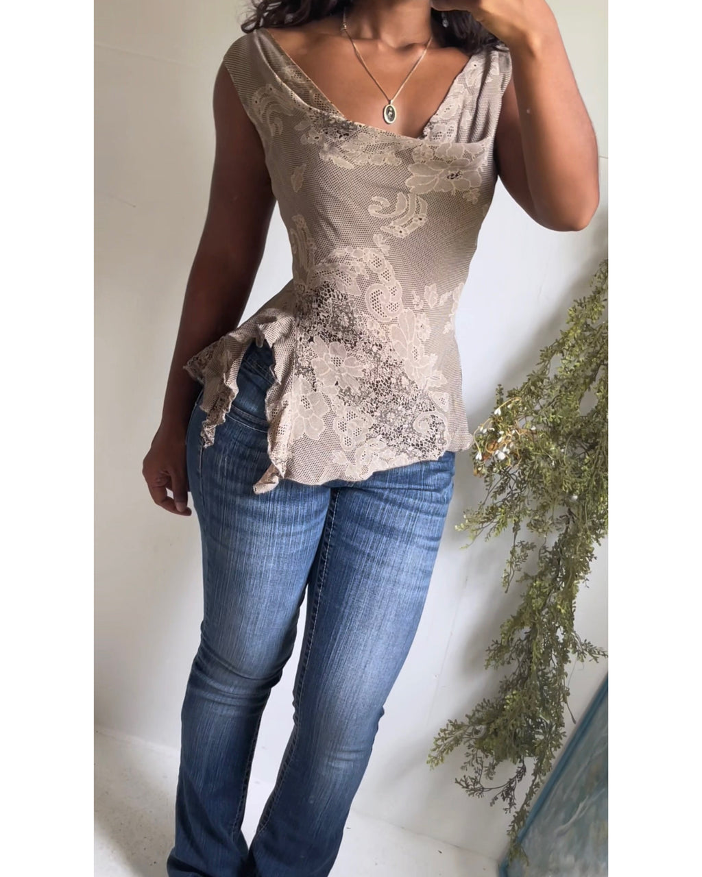 Y2K Lace Print Cowl Neck Asymmetric Hem Top