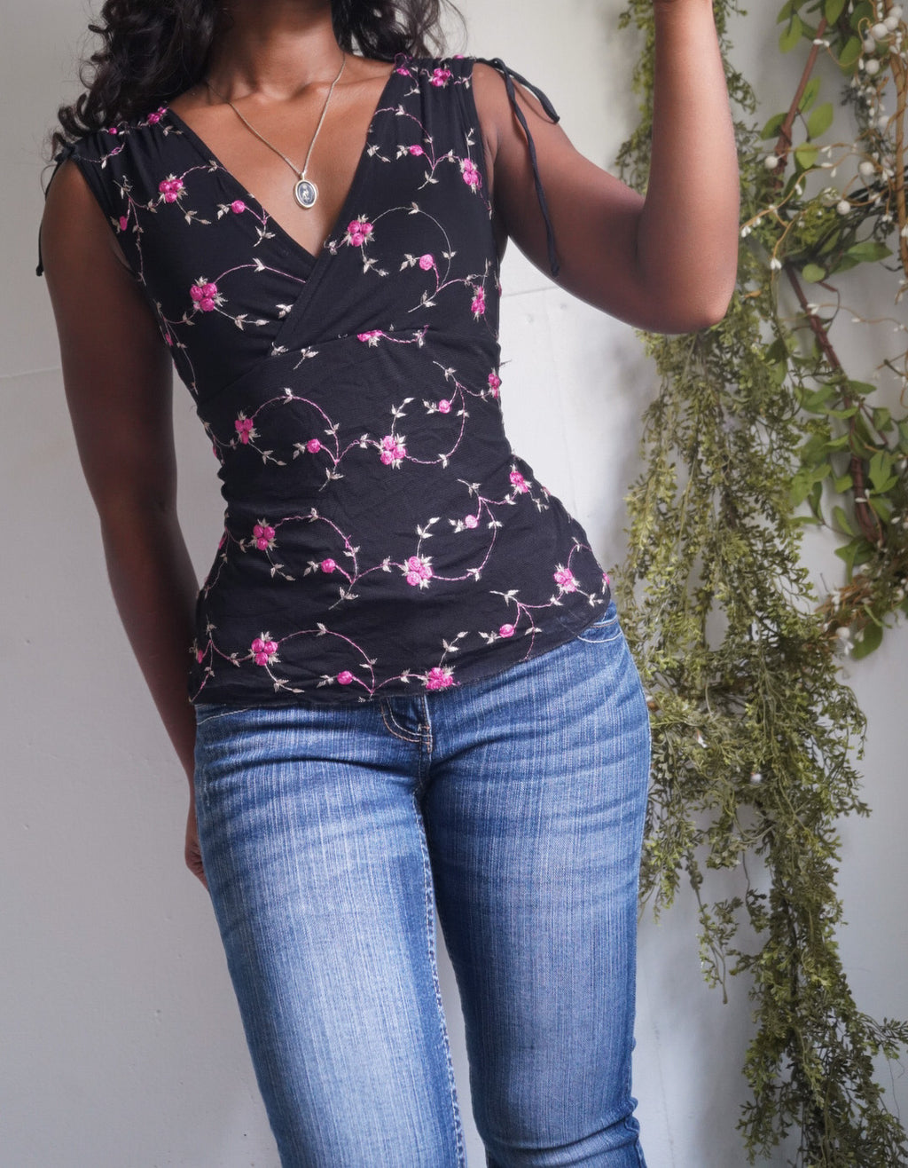 Y2K Black And Pink Embroidered Mesh Tank
