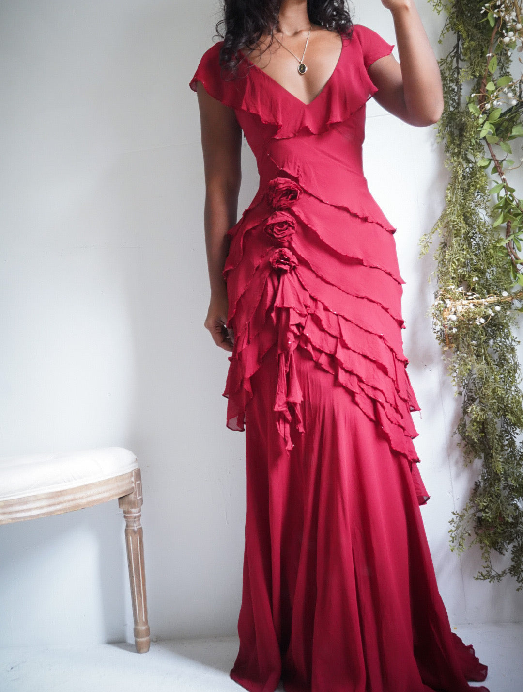 Rare Y2K Red Silk Ruffle Gown