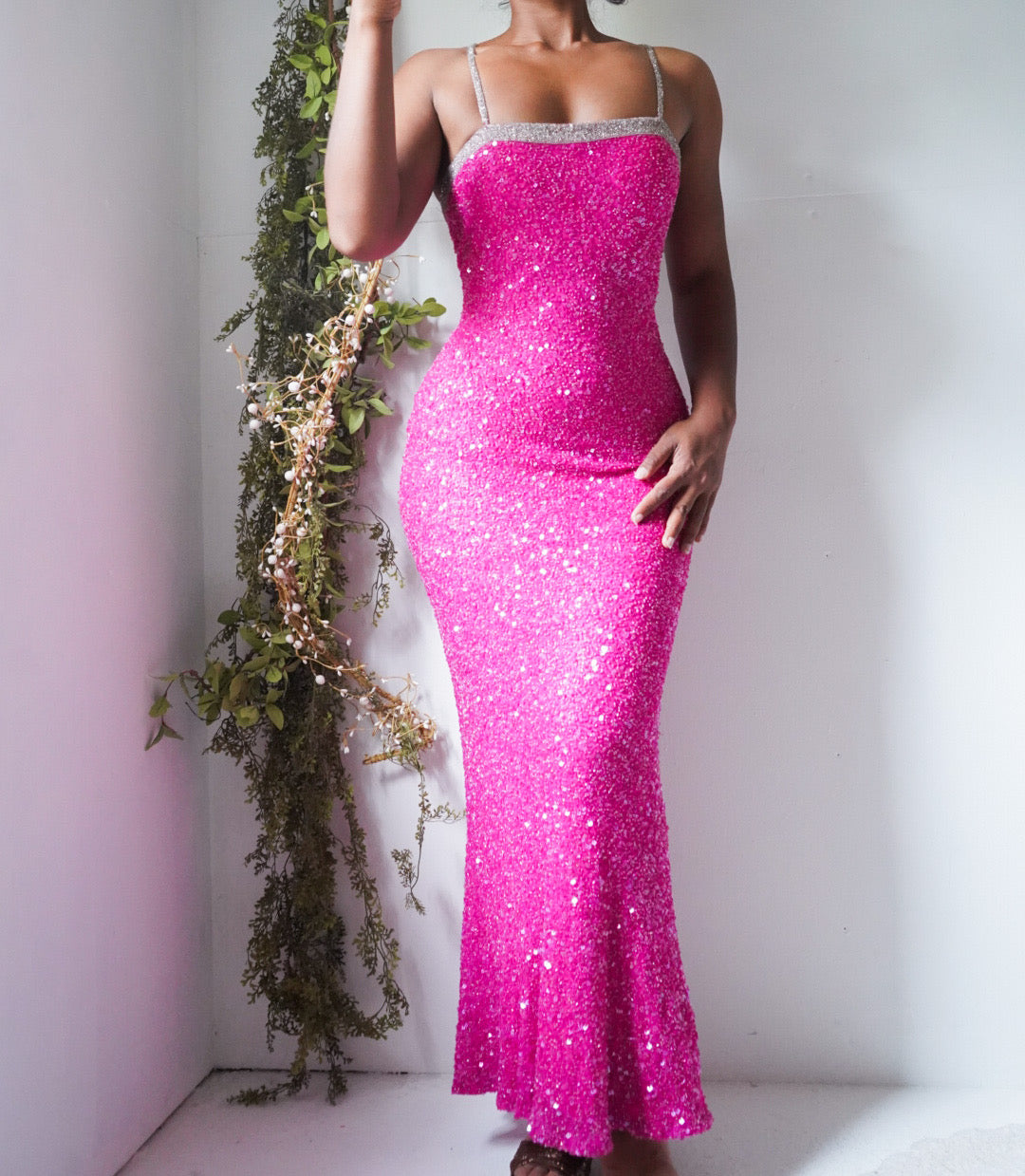 Vintage Y2K Fully Beaded Pink Silk Backless Gown