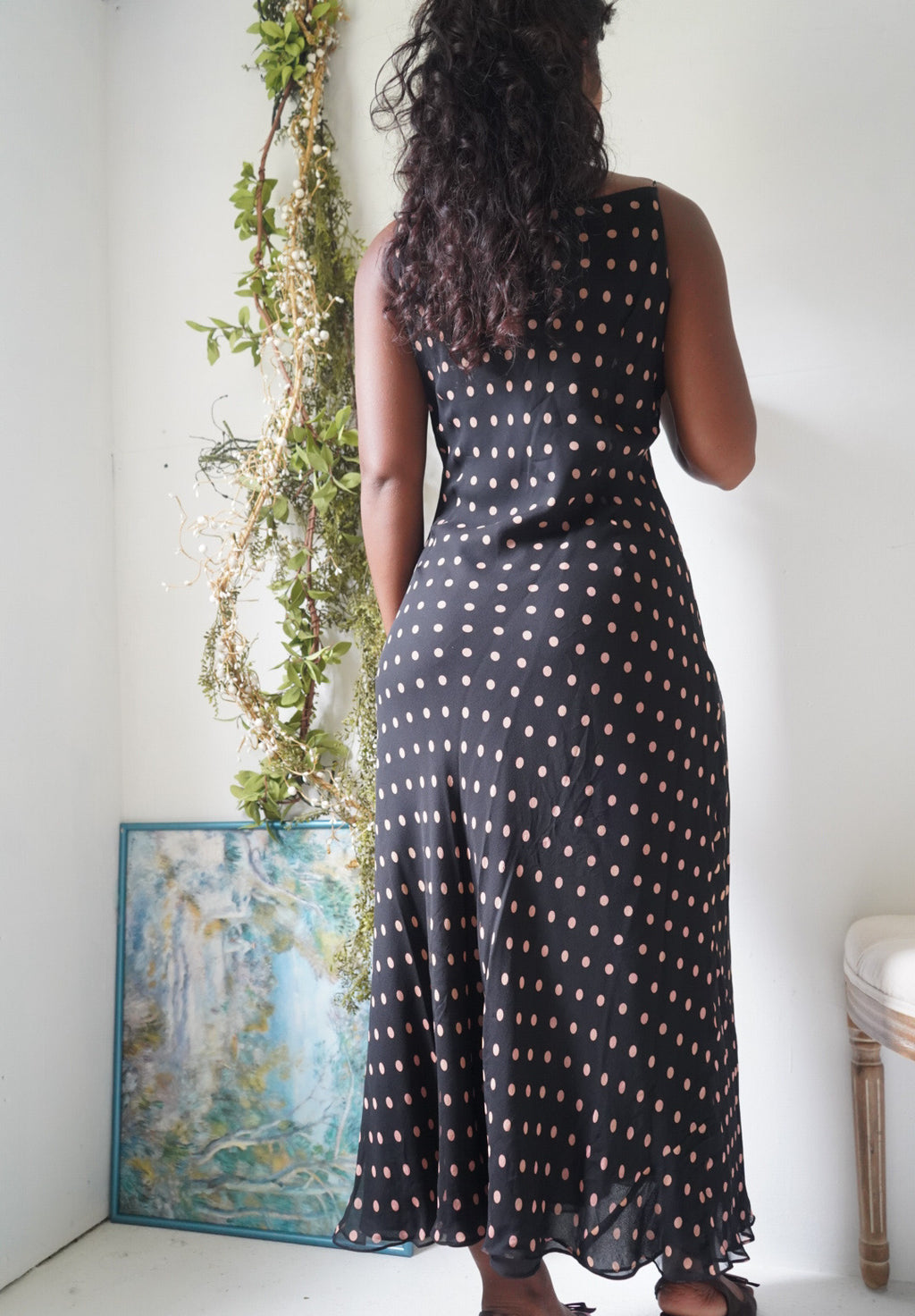 Y2K Tan and Black Polka Dot Silk Slip Dress