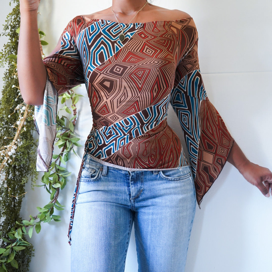 Abstract Boho Flare Sleeve Off Shoulder Top