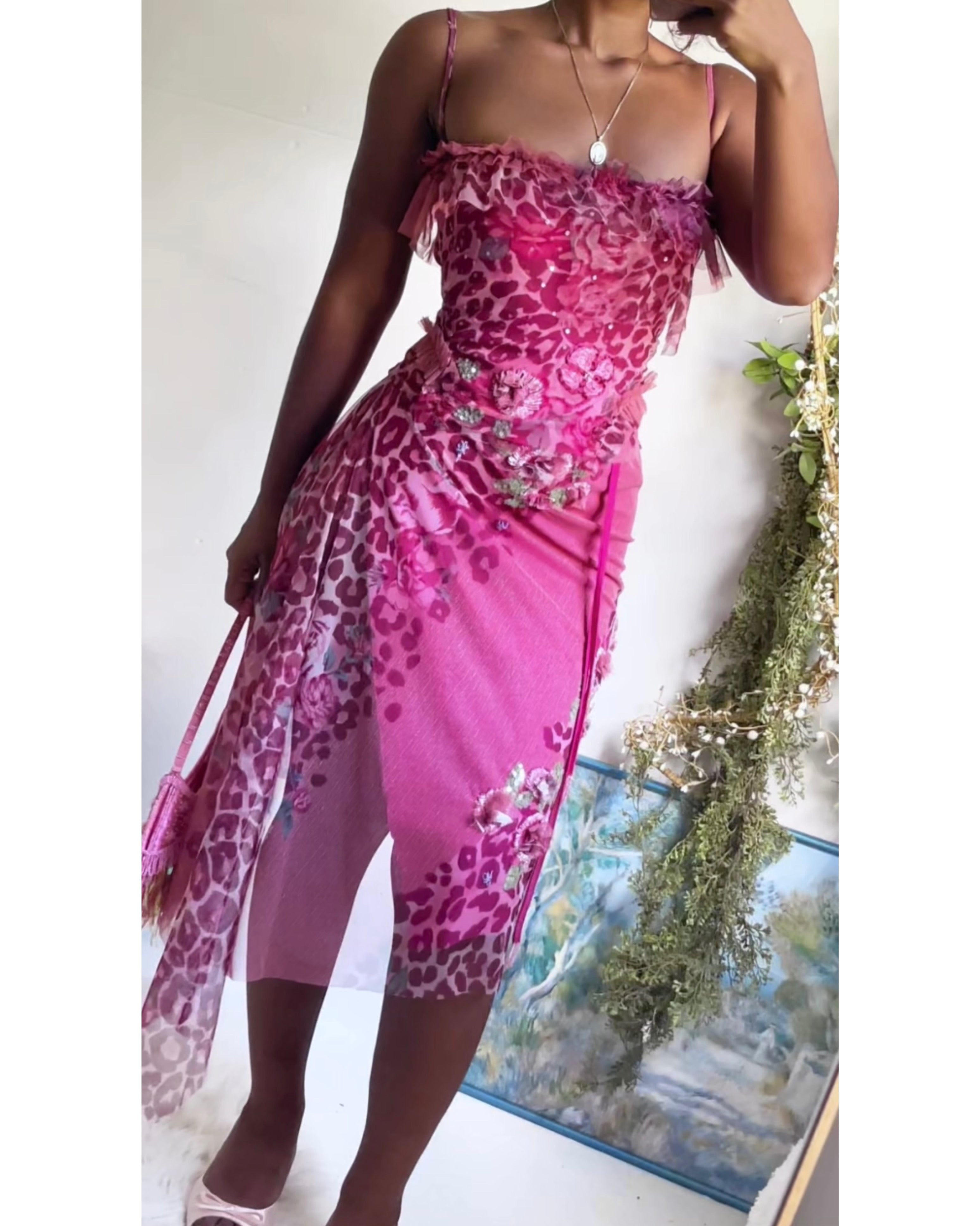 Rare Y2K Animal Print Beaded Sequin Mesh 2 Piece Set