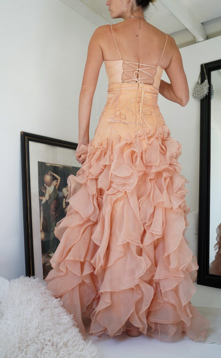 Rare Vintage Lace Up Back Beaded Gown