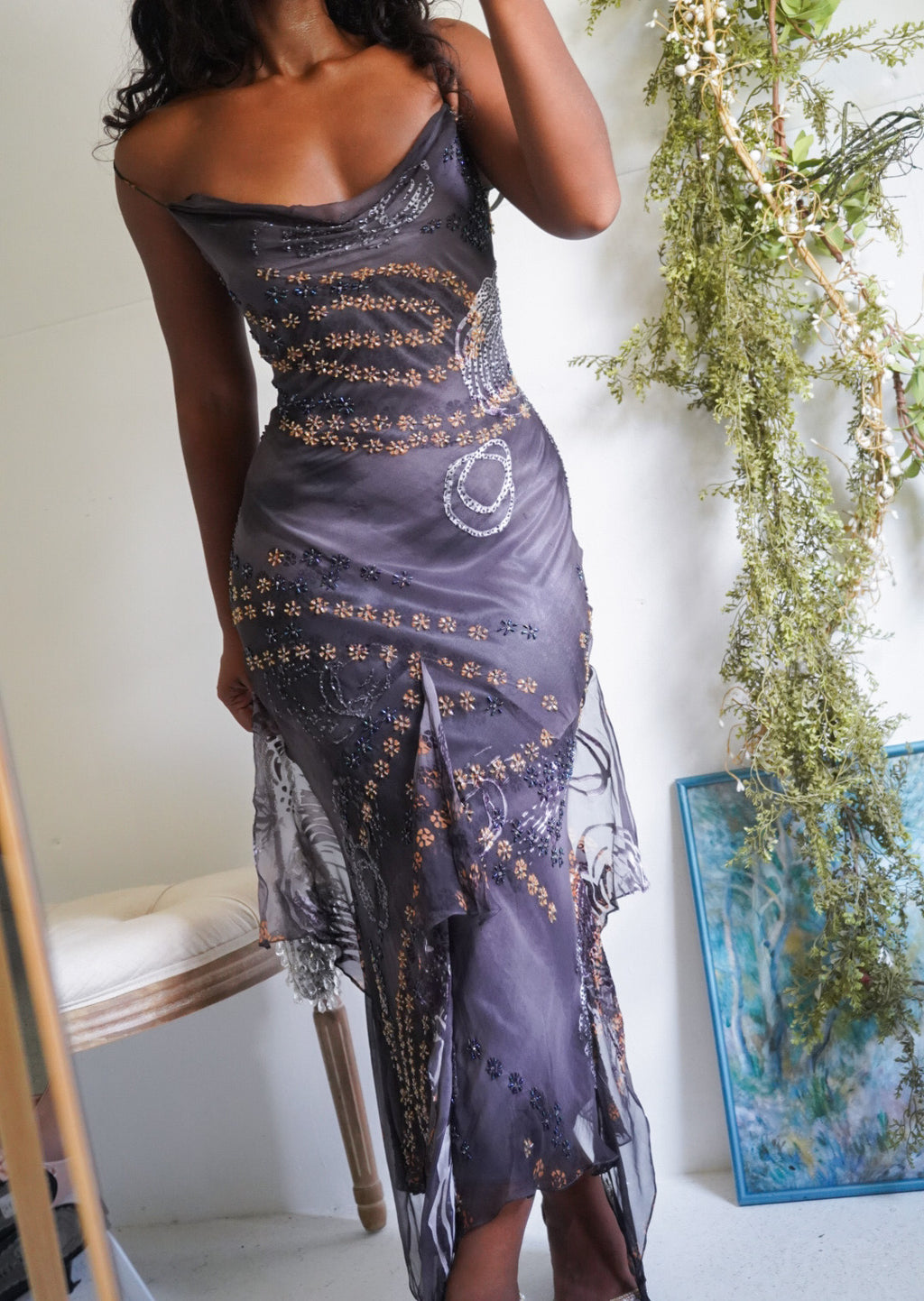 Rare Vintage Y2K Beaded Gray Fairy Dress