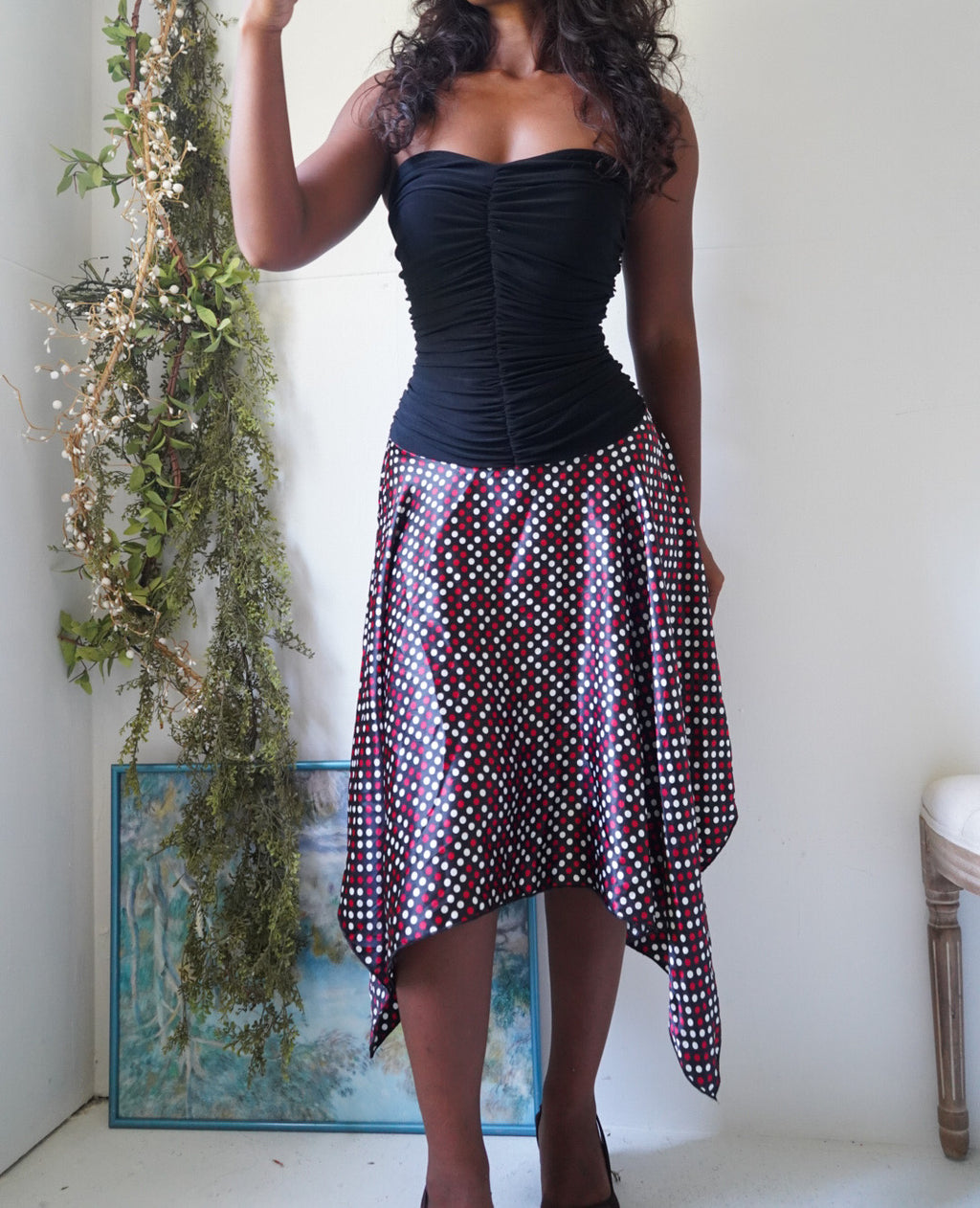 Y2K Black Strapless Polka Dot Dress
