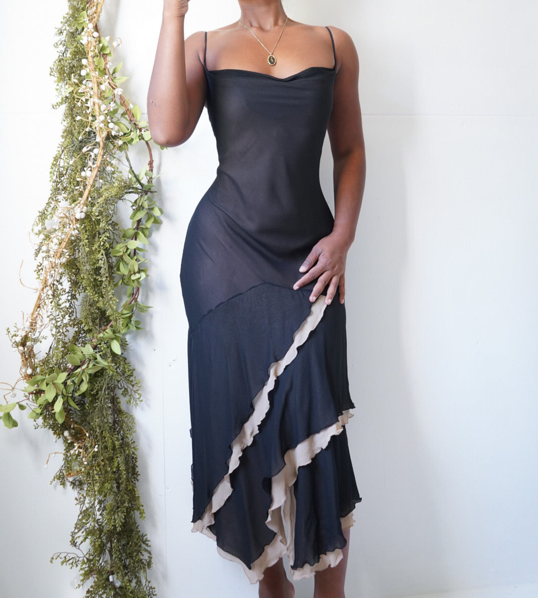 Cowl Neck Nude and Black Layered Staple Dress