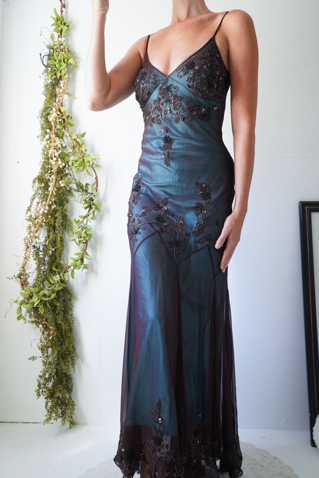 Vintage Layered Brown and Teal Beaded Silk Gown