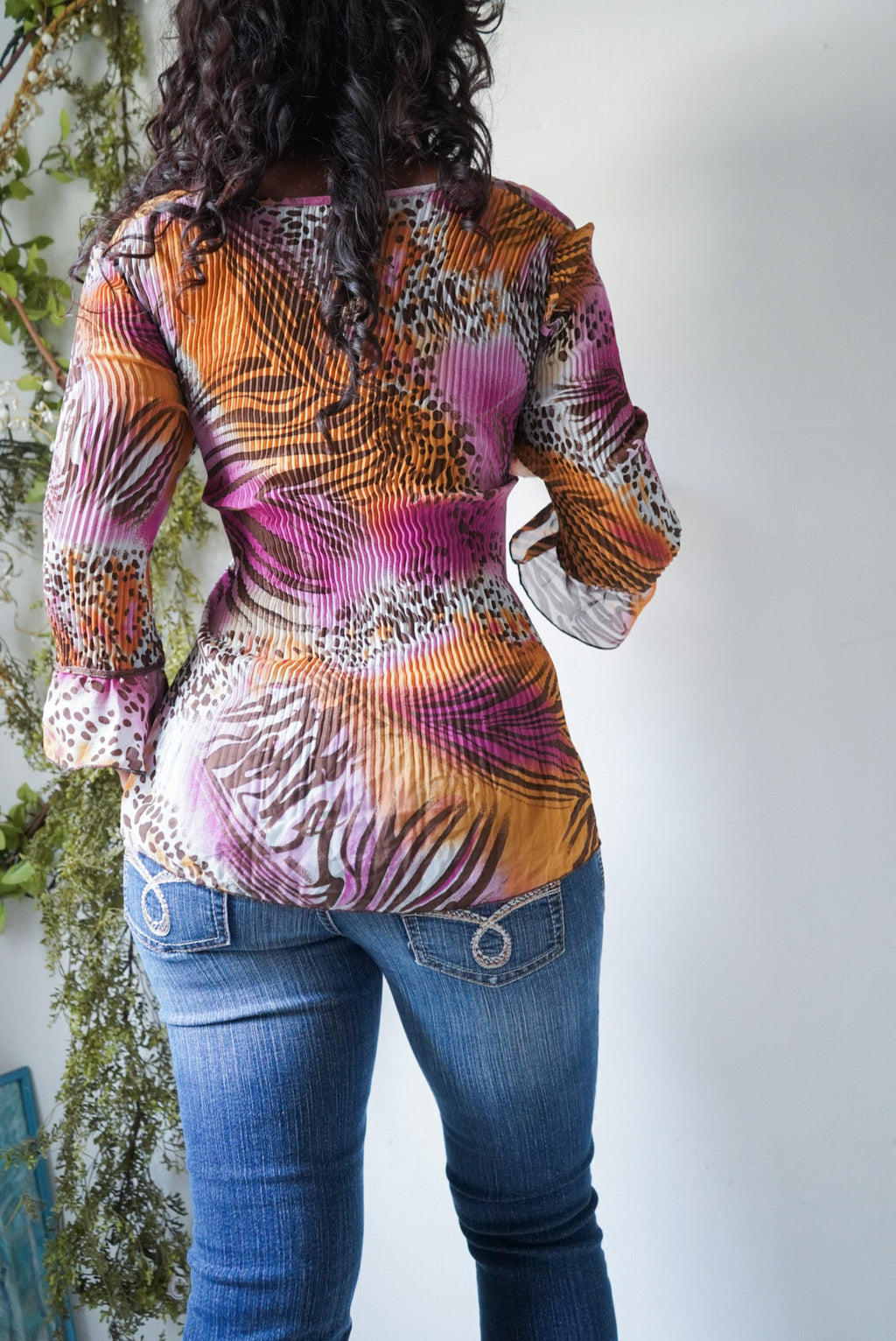 Y2K Abstract Animal Print Pleat Peasant Top