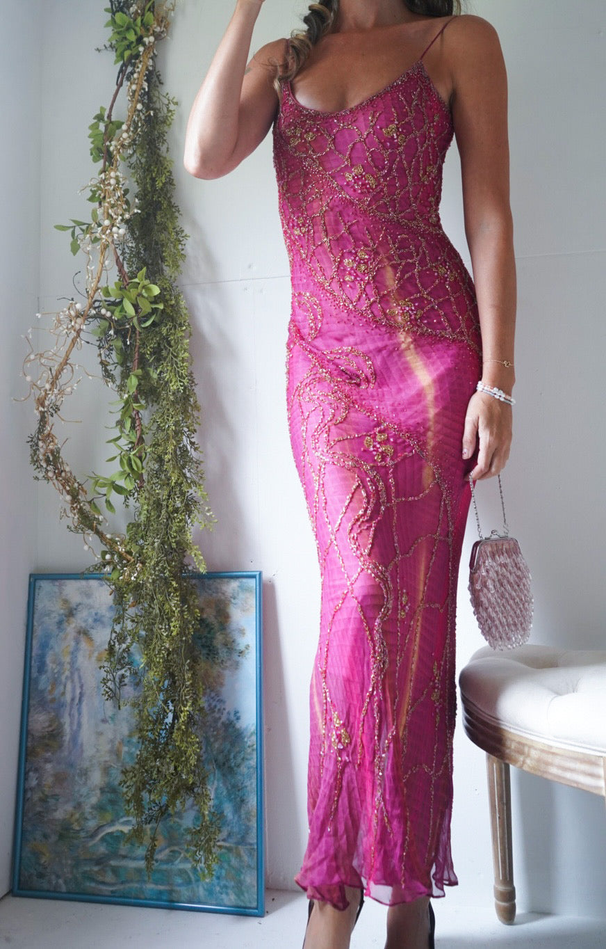 Rare Vintage Y2K Pink Tie Dye Beaded Gown