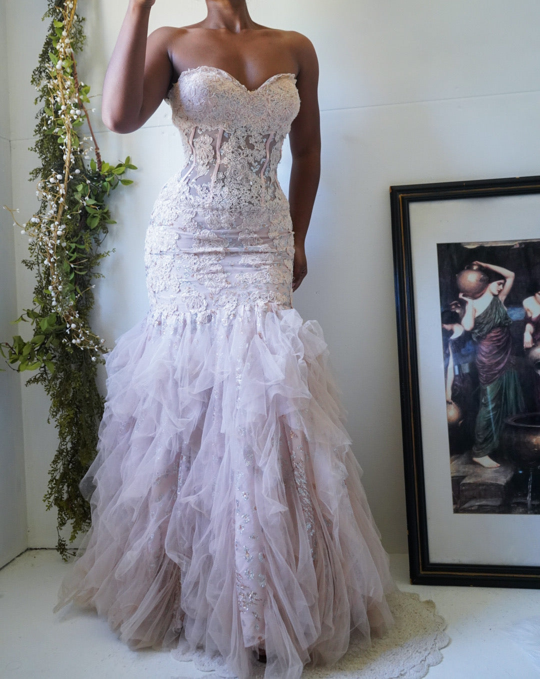 Vintage Y2K Beige Lace Ruffle Hem Corset Gown