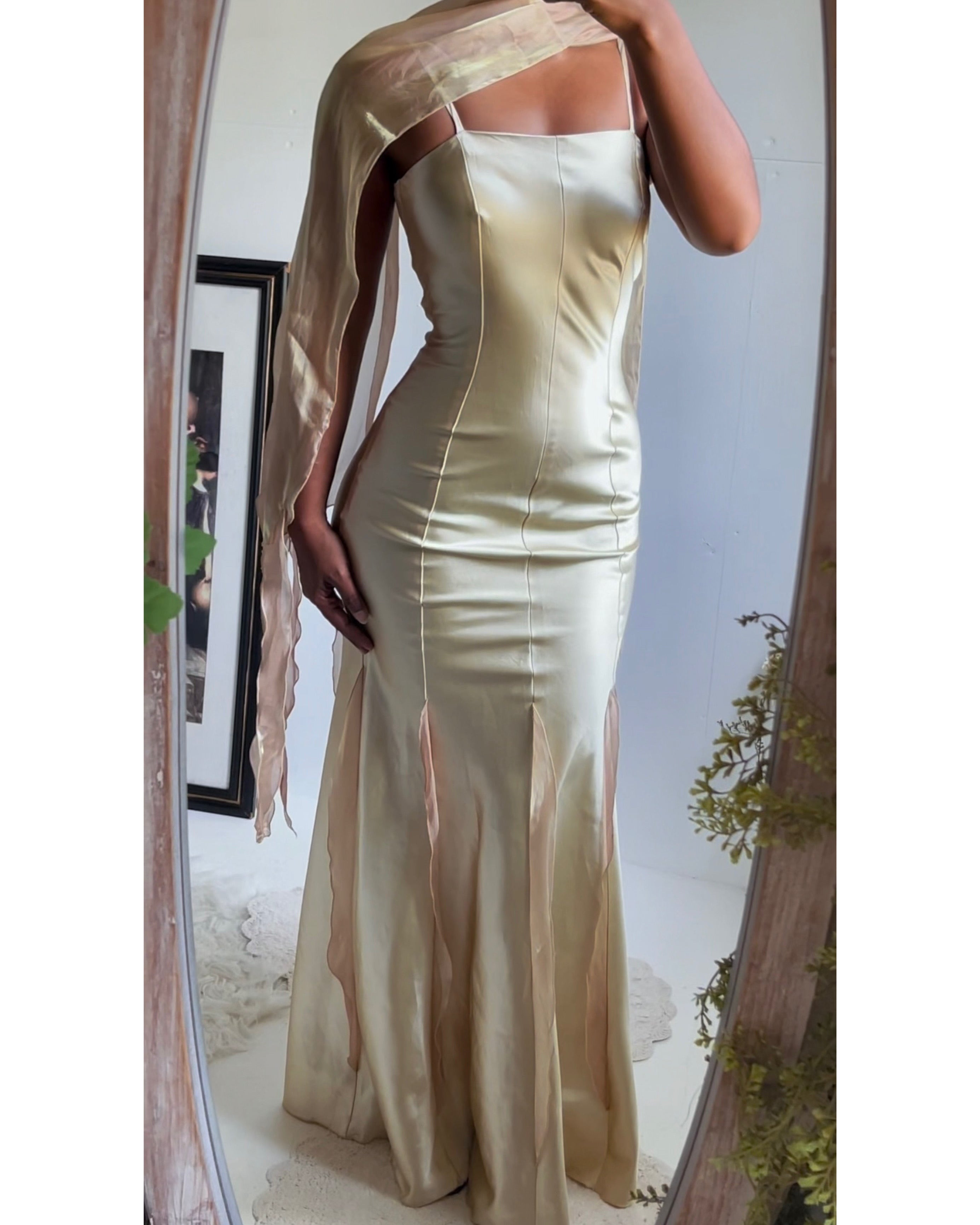Vintage Y2K Iridescent Champagne Satin Mermaid Gown