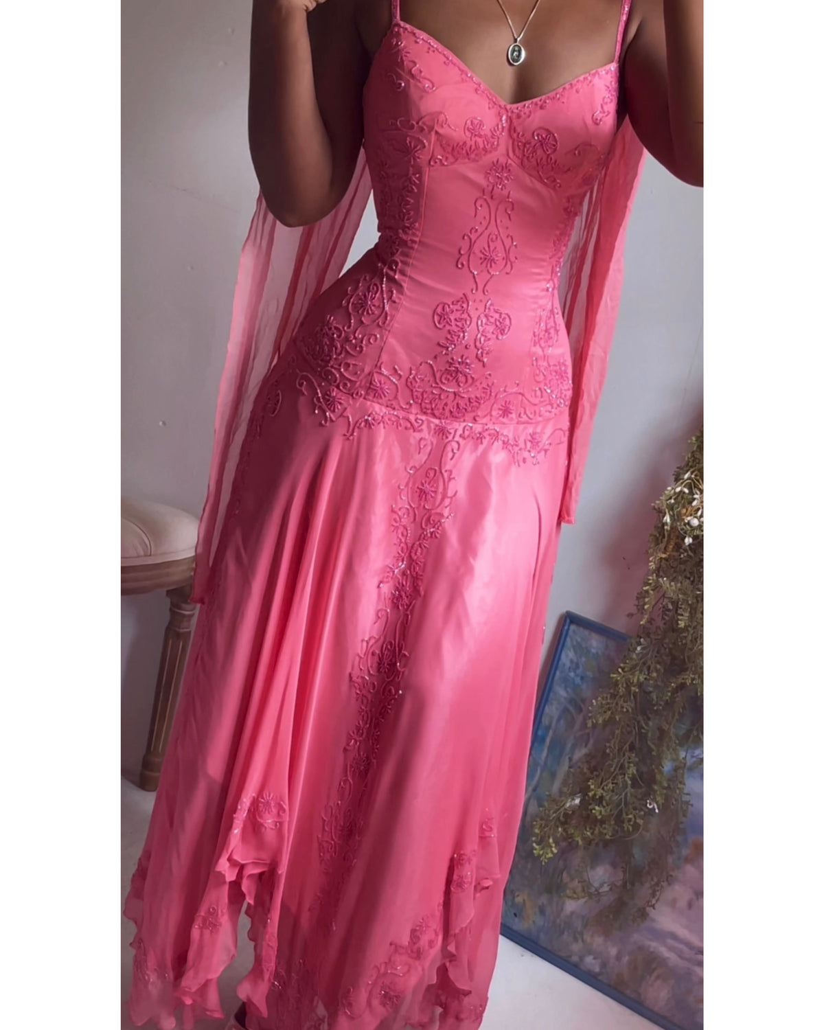 Y2K Coral Pink Silk Beaded Fairy Dress with Scarf
