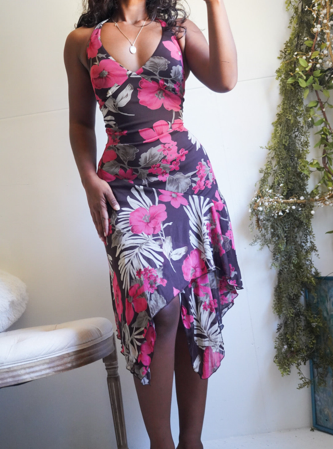 Y2K Halter Dark Chocolate Tropical Floral Dress