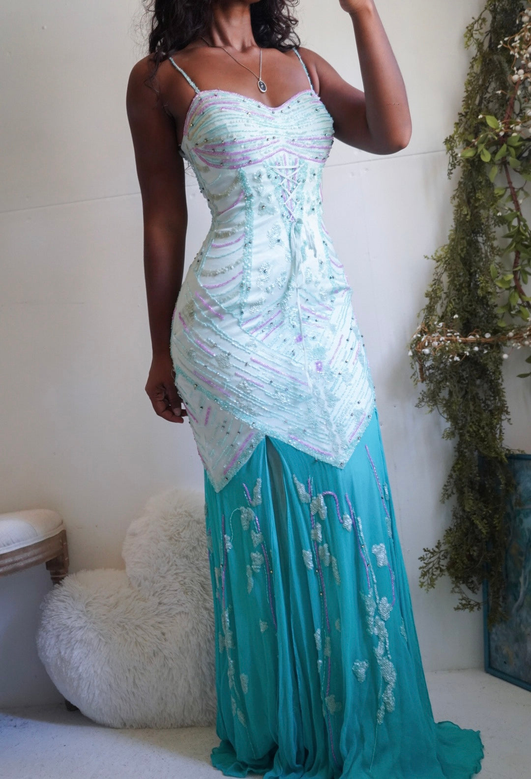 Rare Y2K Beaded Light Turquoise Silk Mermaid Gown