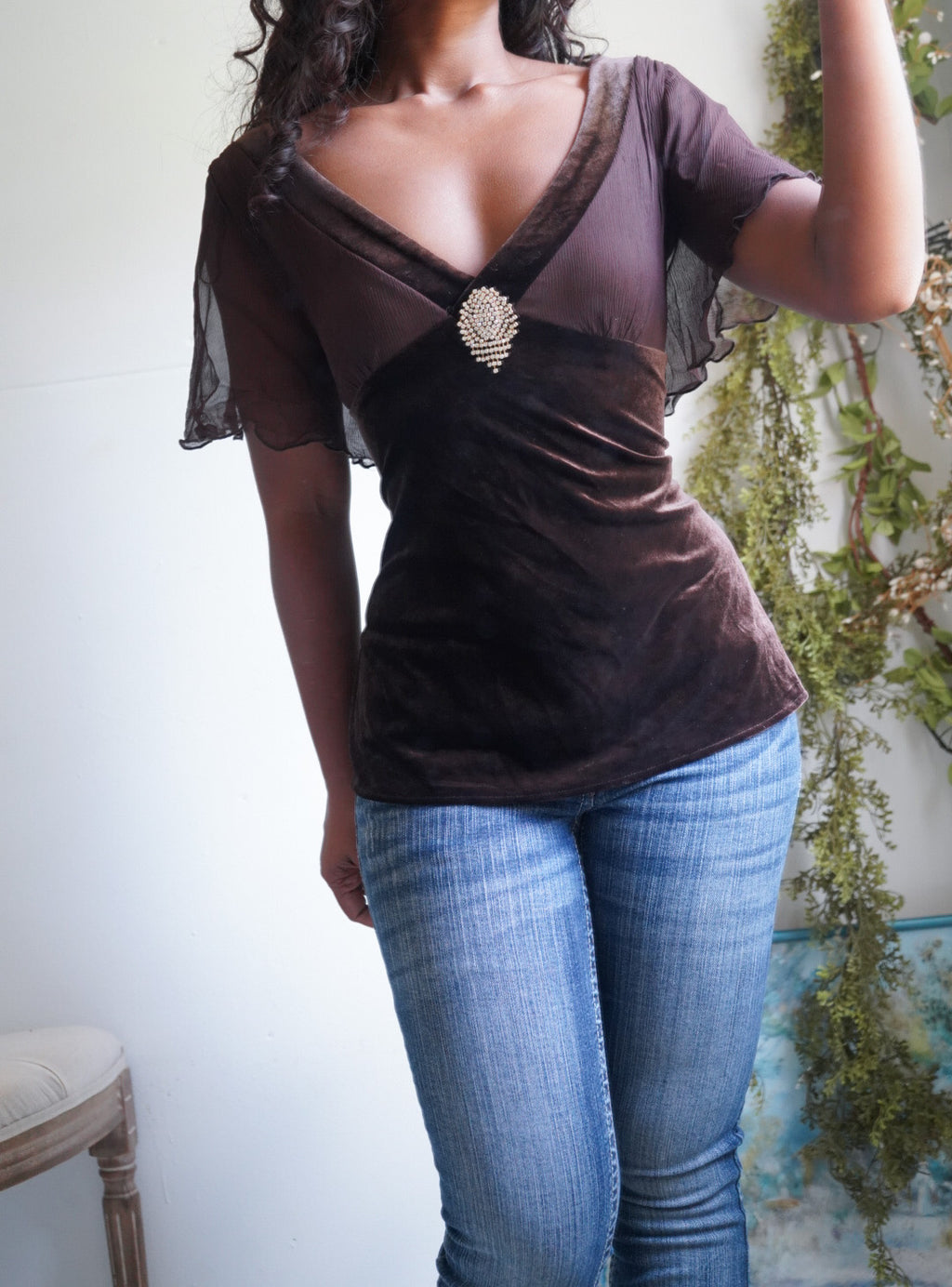 Brown Velvet Flutter Sleeve Going Out Top