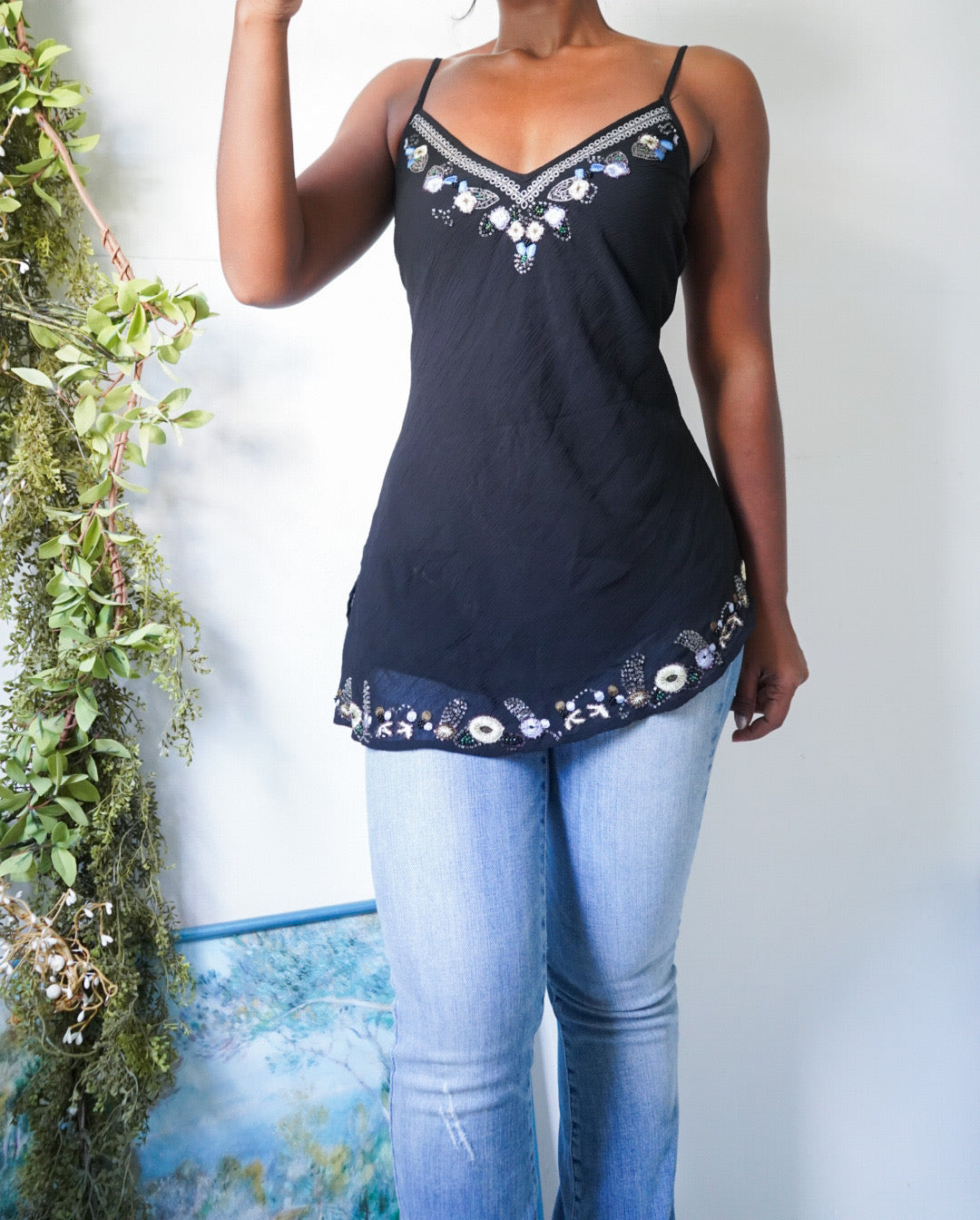 Y2K Floral Trim Asymmetric Hem Cami