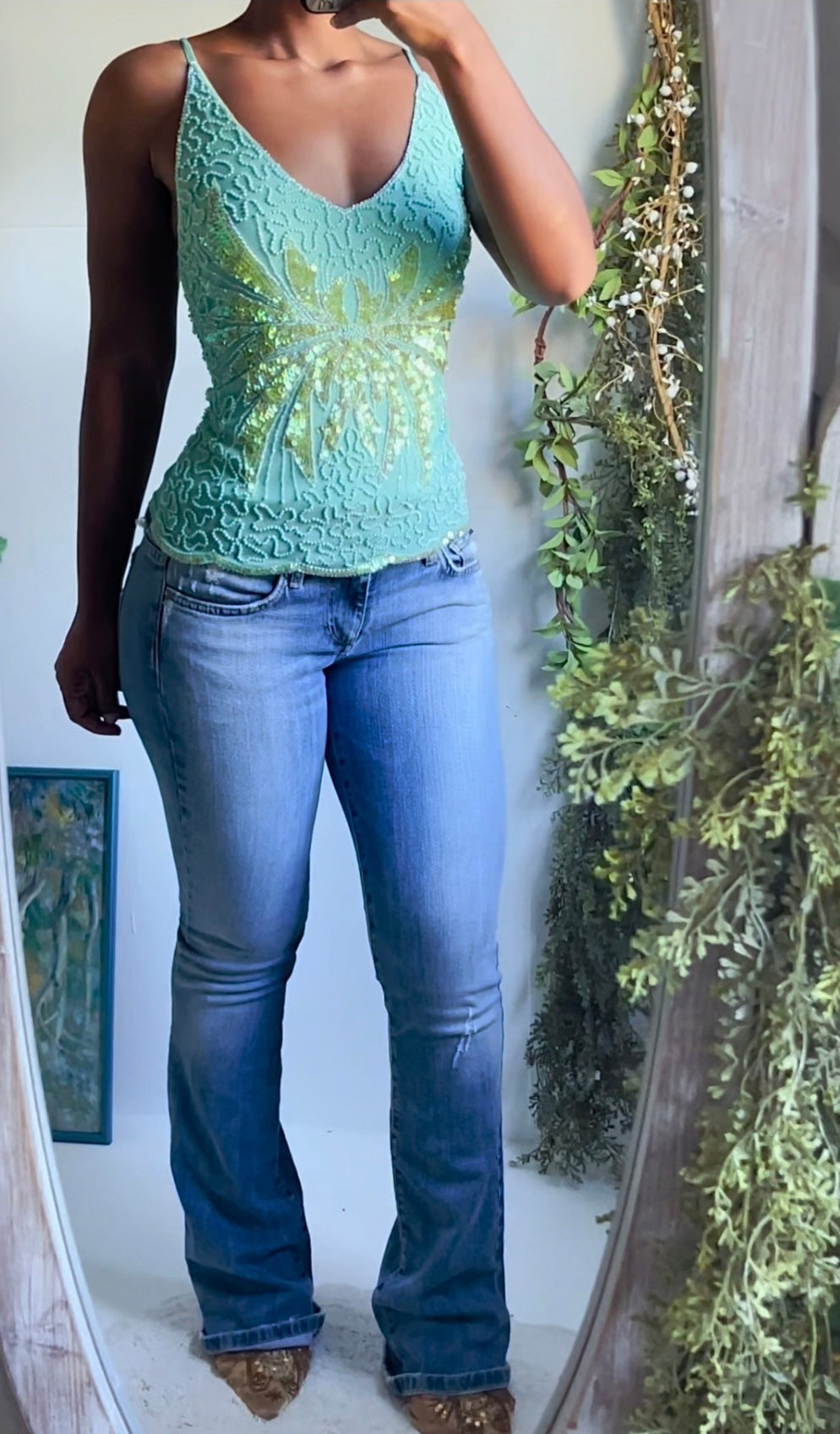 Aquamarine Fully Beaded Mesh Fairy Cami