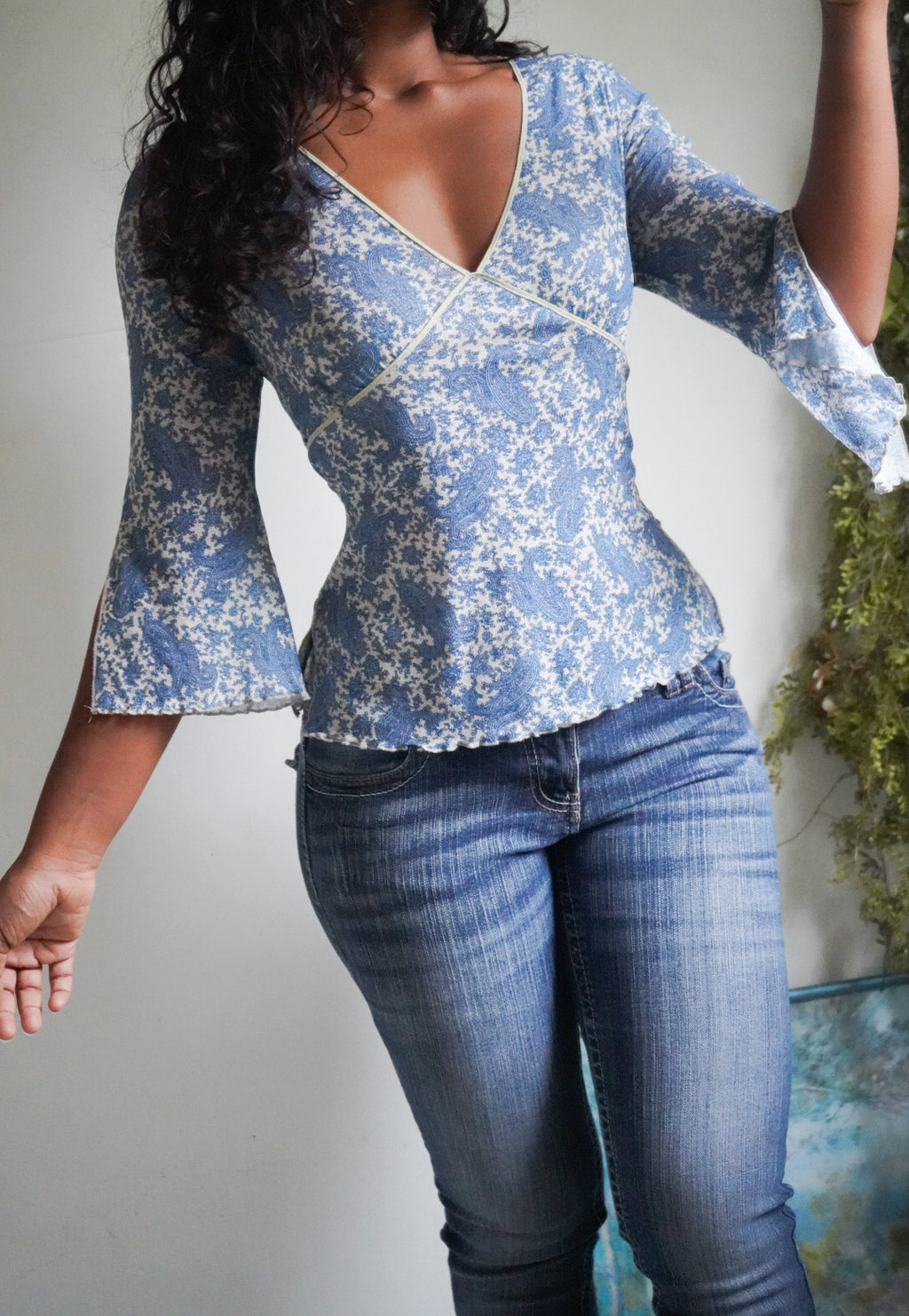 Y2K Paisley Mesh Flare Sleeve Top