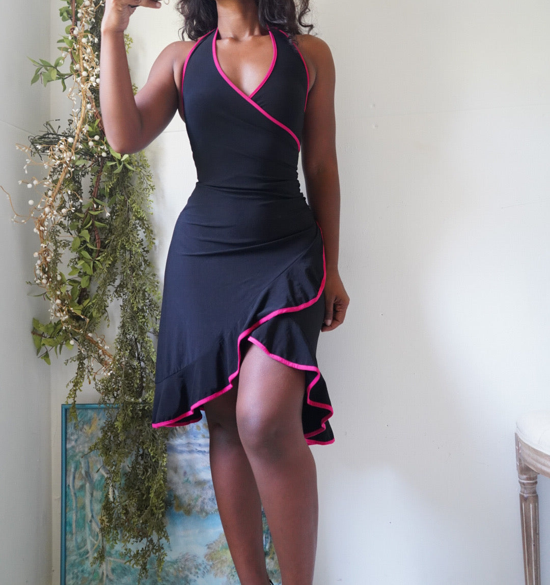 Y2K Halter Little Black Dress with Pink Trims