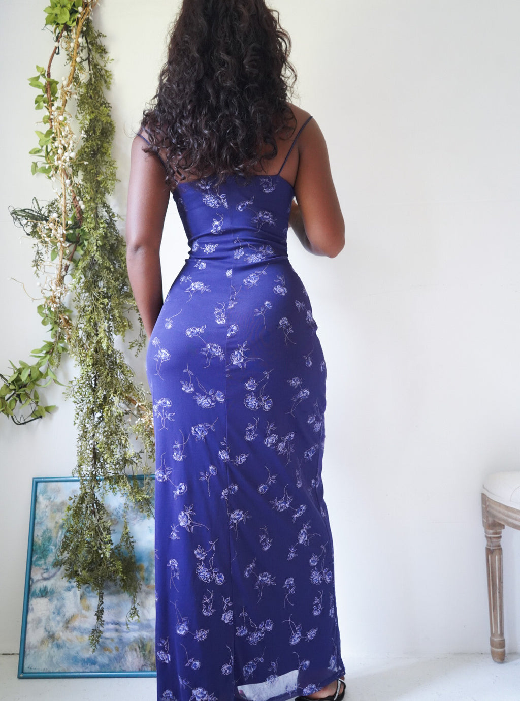 Y2K Violet Silver Floral Maxi Dress