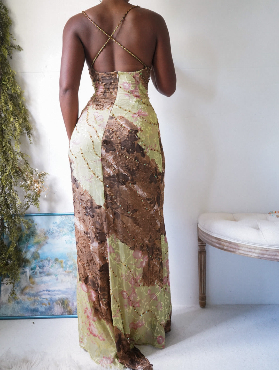 Rare Y2K Beaded Silk Gown with Scarf and Blouse