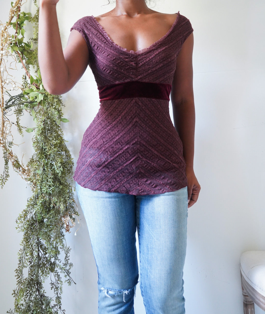 Y2K Maroon Lace Off the Shoulder Top