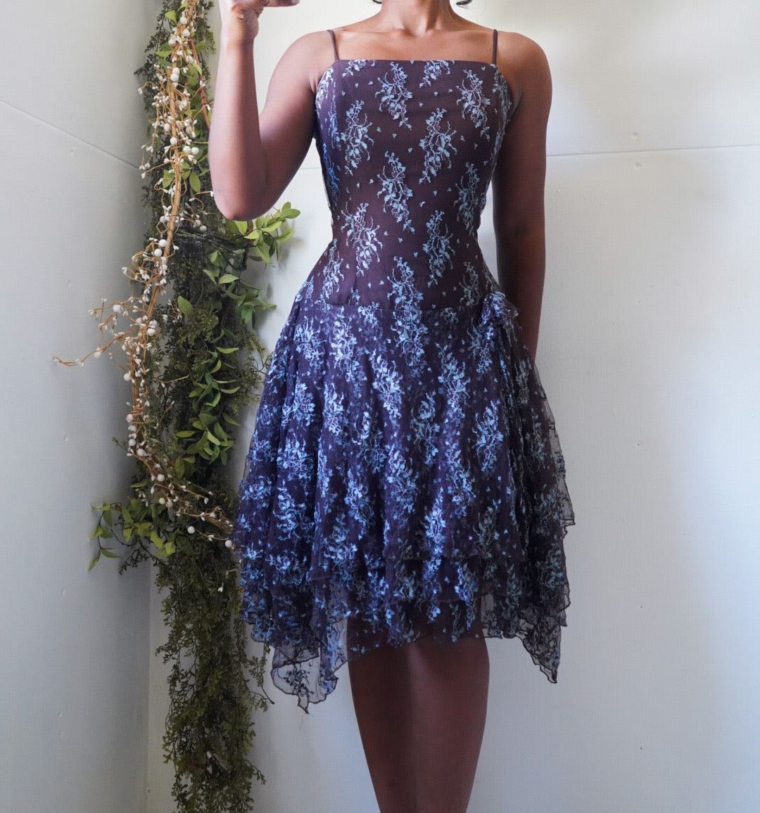 Y2K Brown with Blue Floral Lace Fairy Dress
