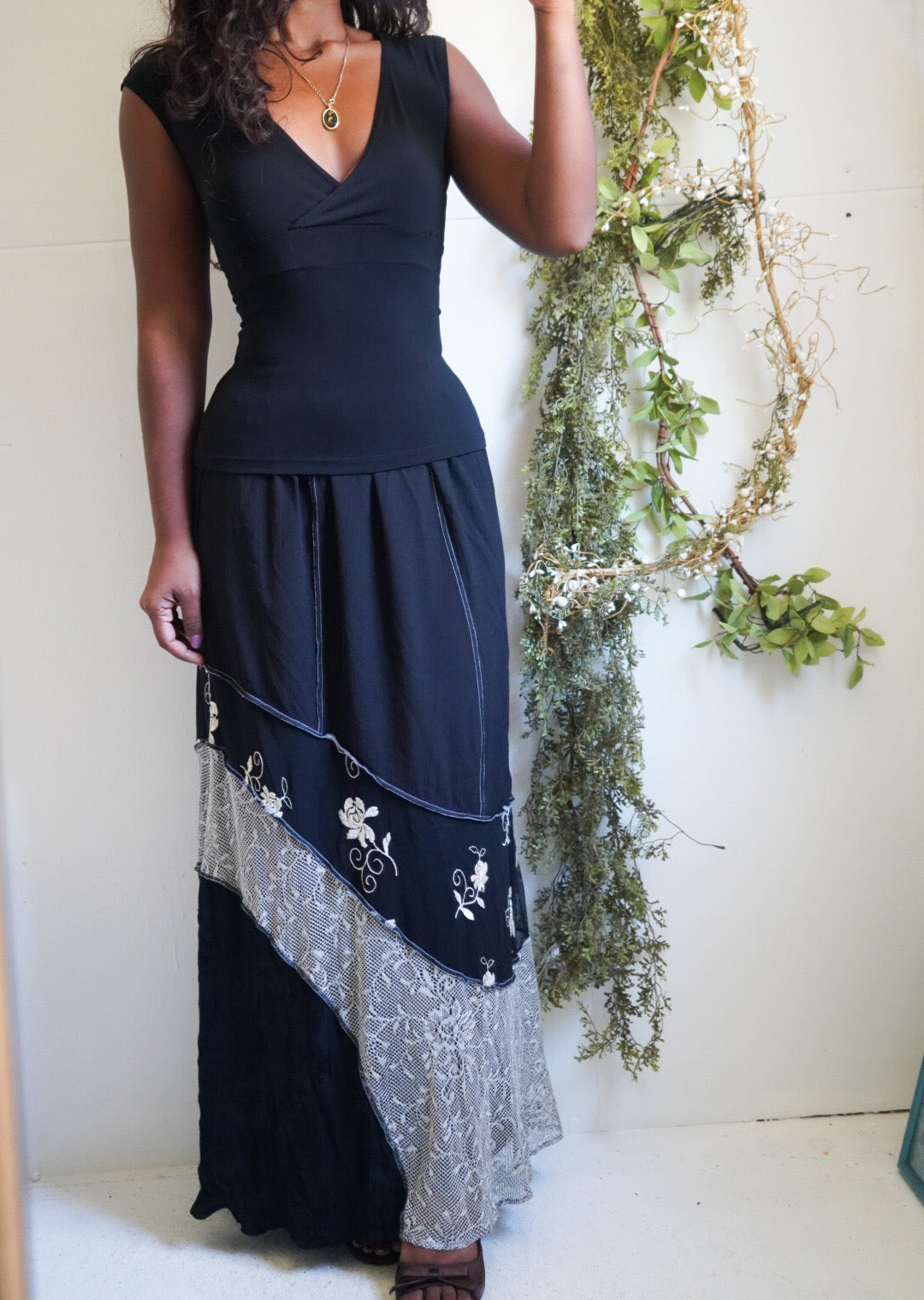 Y2K Lace and Floral Patchwork Hem Maxi Skirt