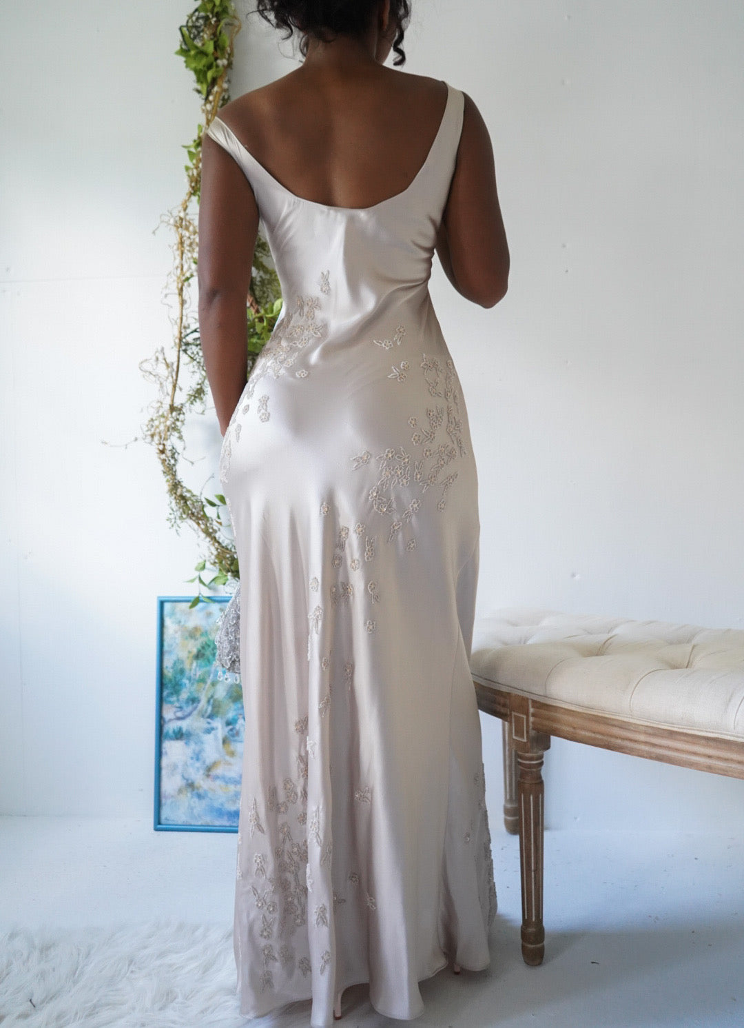 Rare Y2K Champagne Satin Beaded Gown