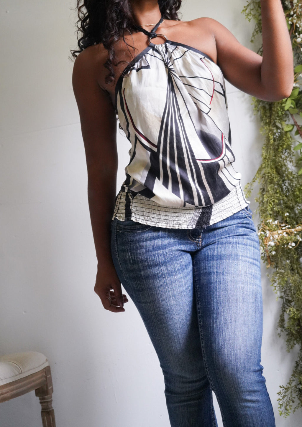 Y2K Silk Abstract Halter Band Hem Top