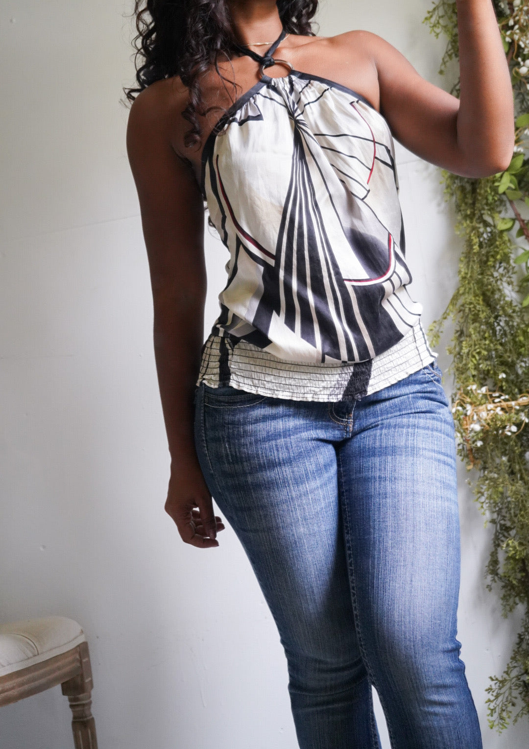 Y2K Silk Abstract Halter Band Hem Top