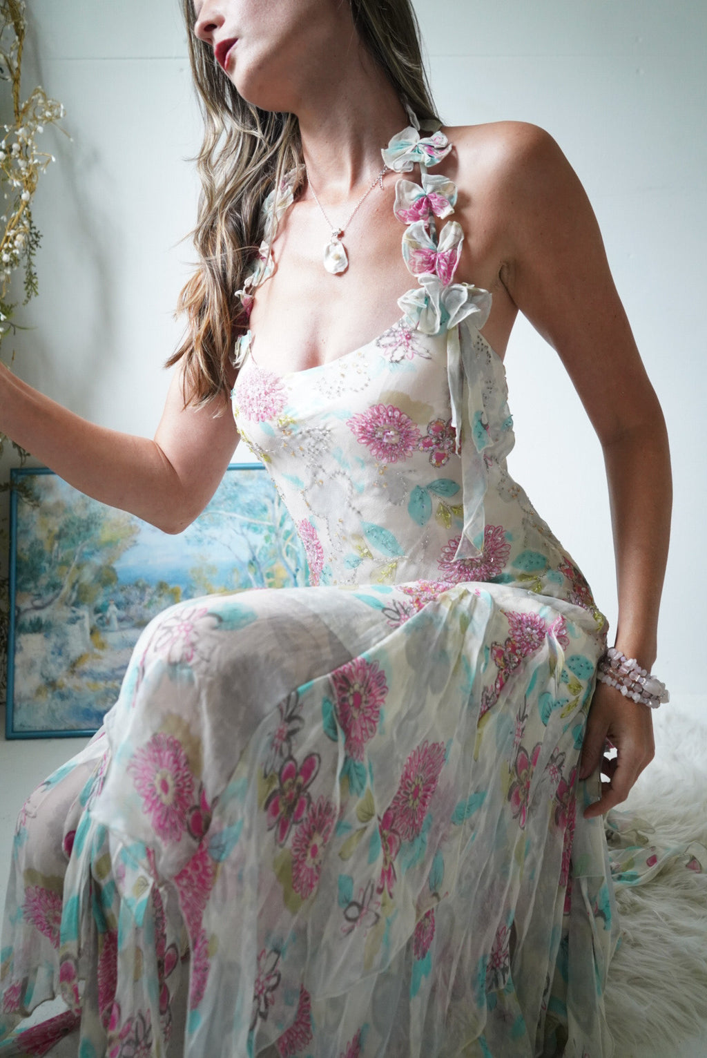 Rare Y2K Diane Freis Silk Fairy Dress with Scarf