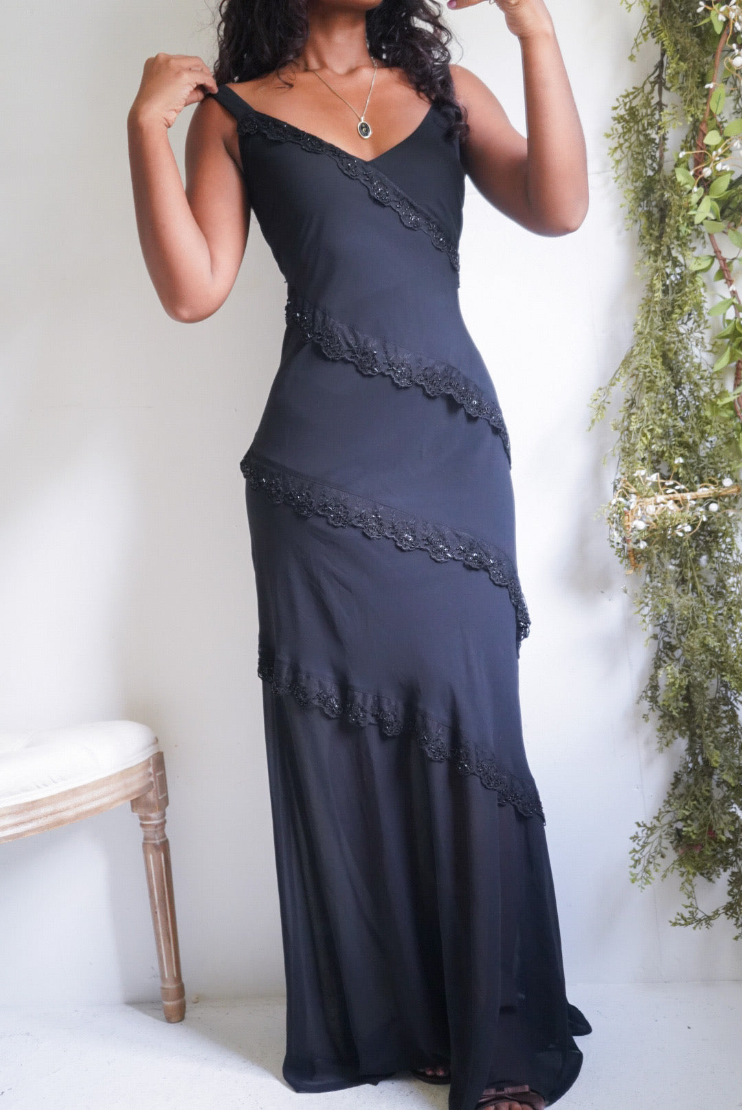 Y2K Black Beaded Lace Trimmed Evening Dress