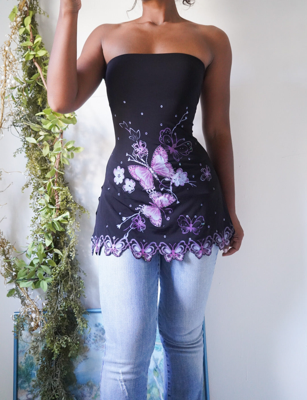 Rare Y2K Butterfly Hem Strapless Top